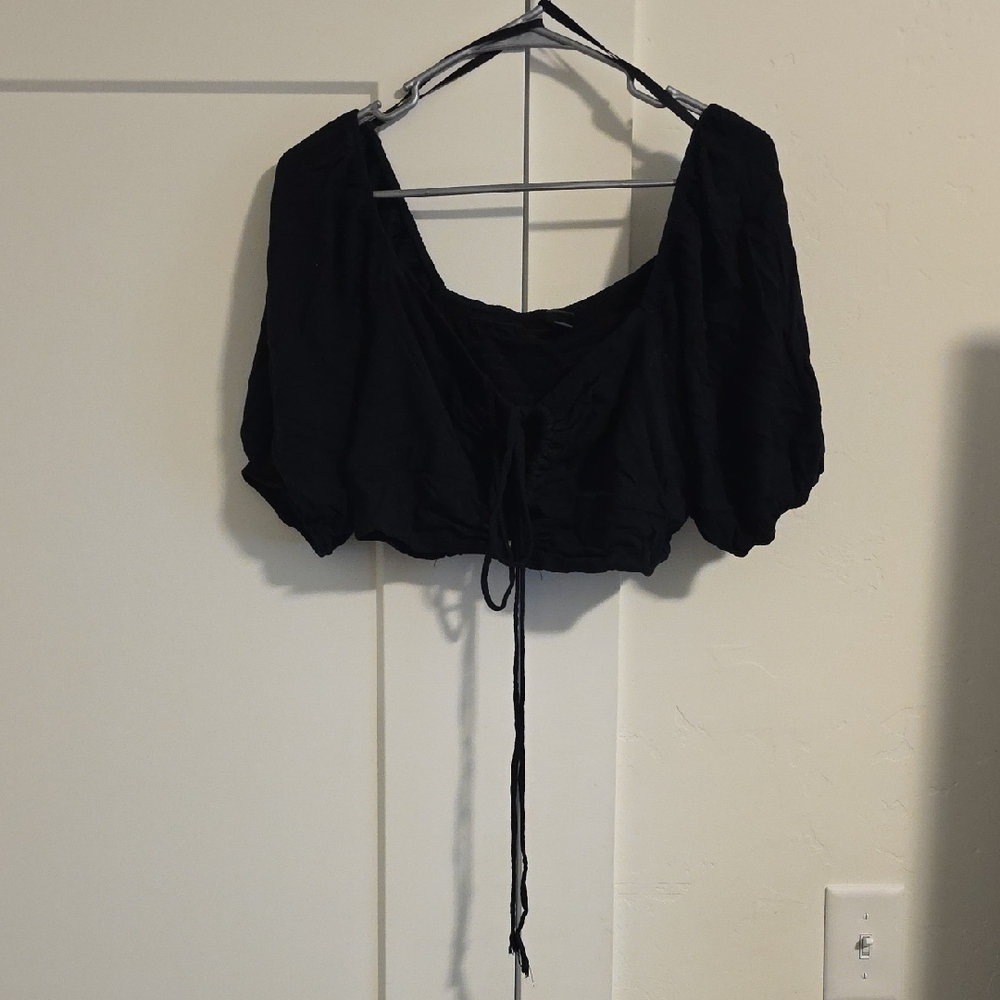 wild fable Black Cropped Puff-Sleeve Tie-Front Top